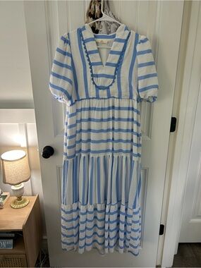 Striped Blue and White Tiered Midi Dress